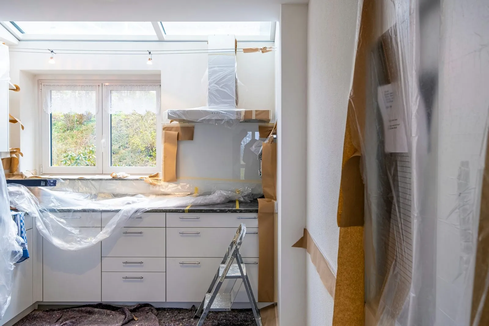 New kitchen cabinets still wrapped in plastic