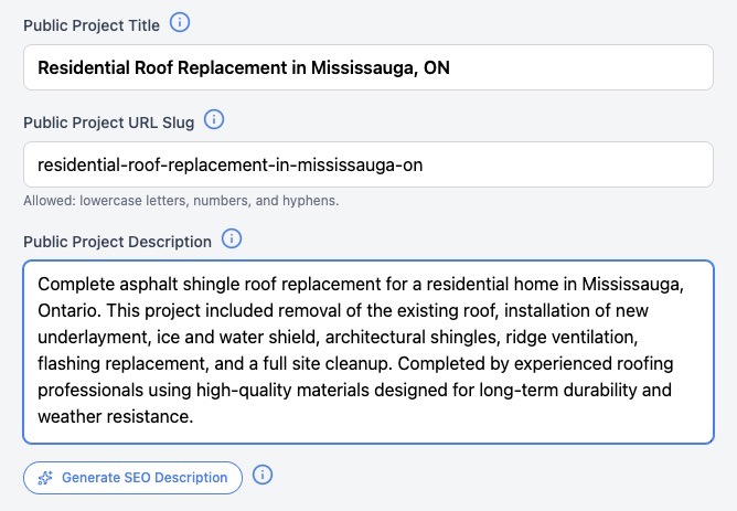 WorkReels AI-generated SEO descriptions for portfolio
